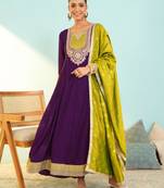 Women's Beautiful Embroidery Work Vichitra Silk Fabric Flared Anarkali Pant and Dupatta Set