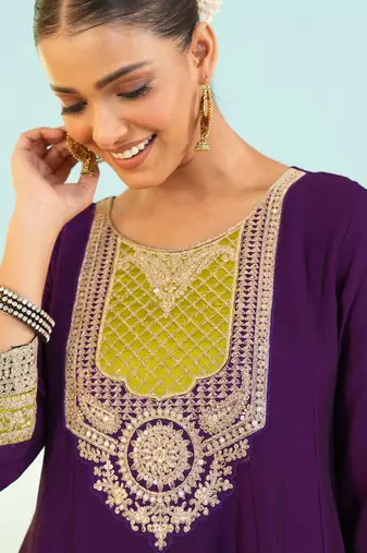 Women's Beautiful Embroidery Work Vichitra Silk Fabric Flared Anarkali Pant and Dupatta Set