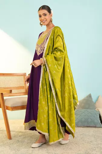 Women's Beautiful Embroidery Work Vichitra Silk Fabric Flared Anarkali Pant and Dupatta Set