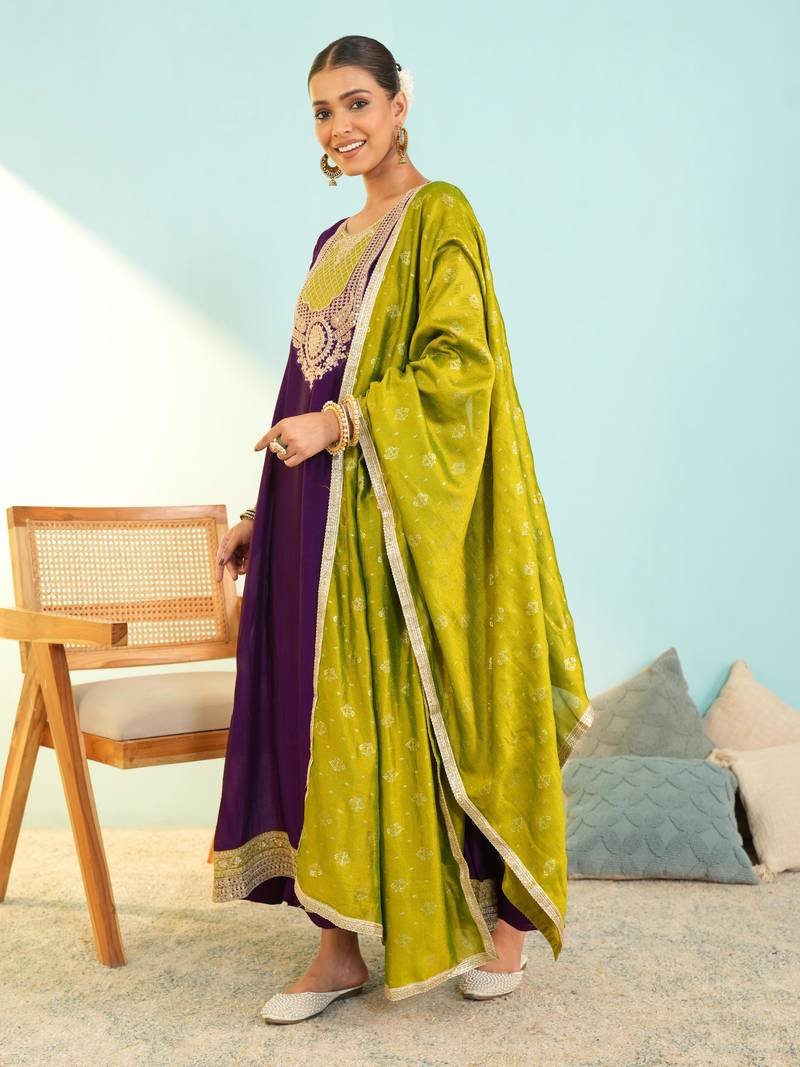 Women's Beautiful Embroidery Work Vichitra Silk Fabric Flared Anarkali Pant and Dupatta Set