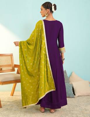 Women's Beautiful Embroidery Work Vichitra Silk Fabric Flared Anarkali Pant and Dupatta Set 4
