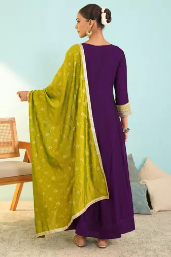 Women's Beautiful Embroidery Work Vichitra Silk Fabric Flared Anarkali Pant and Dupatta Set