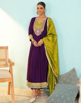 Women's Beautiful Embroidery Work Vichitra Silk Fabric Flared Anarkali Pant and Dupatta Set 5