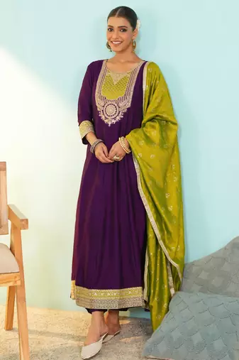 Women's Beautiful Embroidery Work Vichitra Silk Fabric Flared Anarkali Pant and Dupatta Set