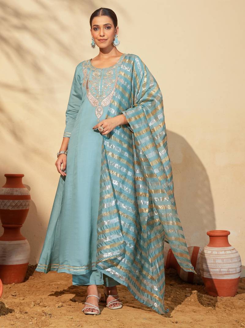 Women's Beautiful Embroidery Work Viscose Silk Fabric Flared Anarkali Pant and Dupatta Set