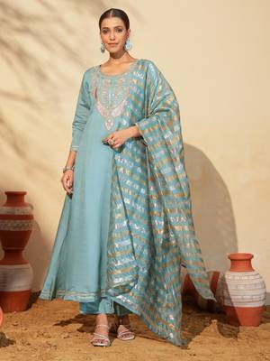 Women's Beautiful Embroidery Work Viscose Silk Fabric Flared Anarkali Pant and Dupatta Set 1