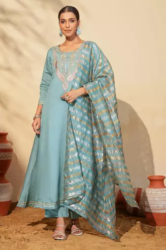 Women's Beautiful Embroidery Work Viscose Silk Fabric Flared Anarkali Pant and Dupatta Set