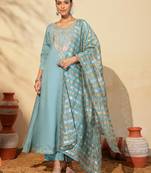 Women's Beautiful Embroidery Work Viscose Silk Fabric Flared Anarkali Pant and Dupatta Set