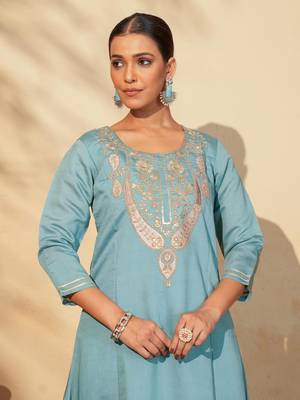 Women's Beautiful Embroidery Work Viscose Silk Fabric Flared Anarkali Pant and Dupatta Set 2