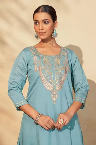 Women's Beautiful Embroidery Work Viscose Silk Fabric Flared Anarkali Pant and Dupatta Set