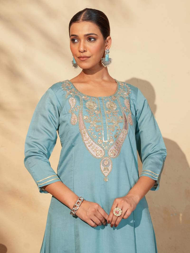 Women's Beautiful Embroidery Work Viscose Silk Fabric Flared Anarkali Pant and Dupatta Set