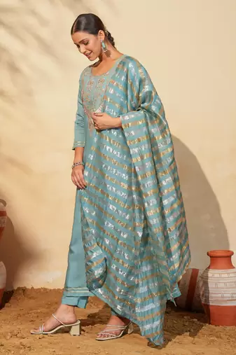 Women's Beautiful Embroidery Work Viscose Silk Fabric Flared Anarkali Pant and Dupatta Set