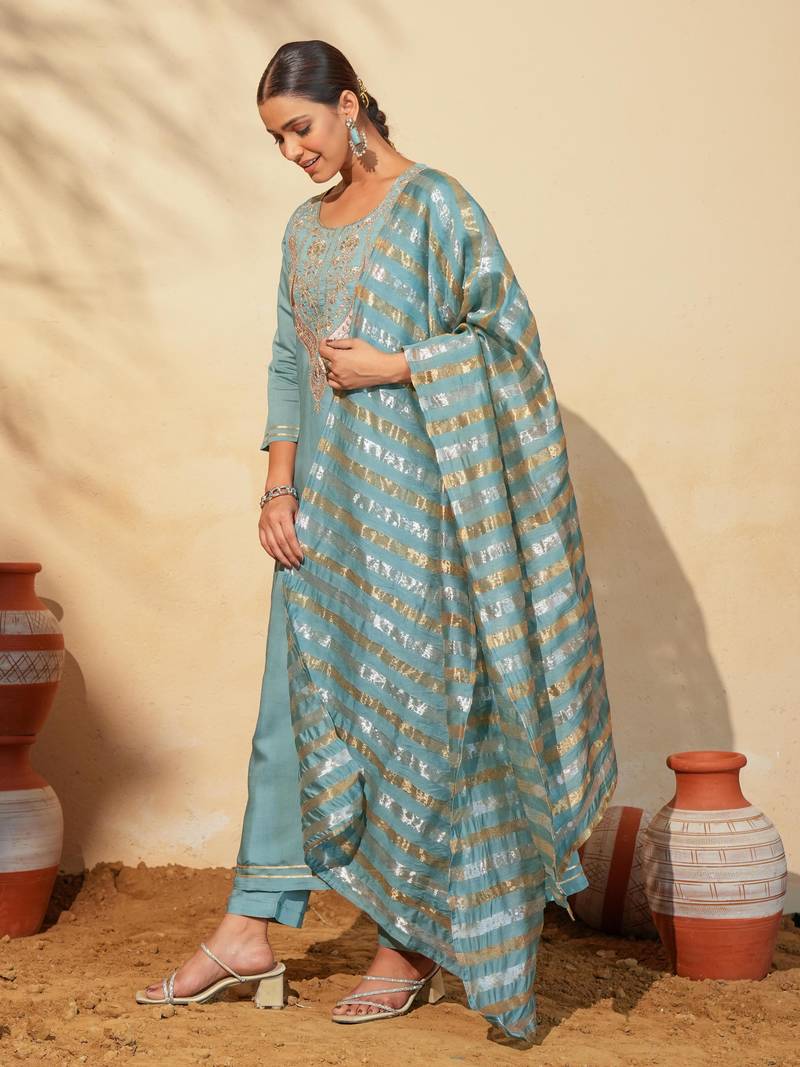 Women's Beautiful Embroidery Work Viscose Silk Fabric Flared Anarkali Pant and Dupatta Set