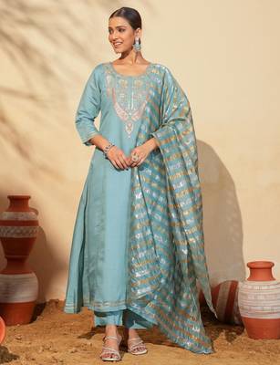 Women's Beautiful Embroidery Work Viscose Silk Fabric Flared Anarkali Pant and Dupatta Set 5