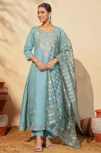 Women's Beautiful Embroidery Work Viscose Silk Fabric Flared Anarkali Pant and Dupatta Set