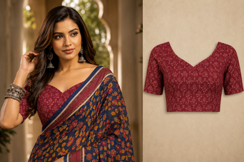 navy blue printed chanderi cotton ready to wear saree with unstitched blouse 5