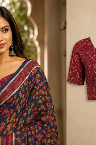 navy blue printed chanderi cotton ready to wear saree with unstitched blouse