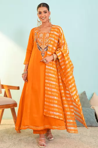 Women's Beautiful Embroidery Work Viscose Silk Fabric Flared Anarkali Pant and Dupatta Set