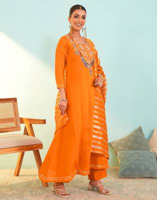 Women's Beautiful Embroidery Work Viscose Silk Fabric Flared Anarkali Pant and Dupatta Set 3