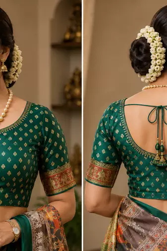 brown printed chanderi cotton ready to wear saree with unstitched blouse