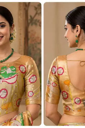 beige printed chanderi cotton ready to wear saree with unstitched blouse