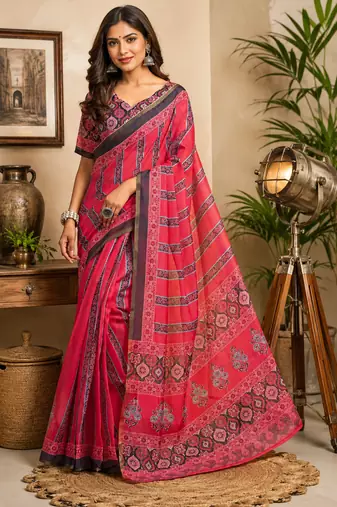 dark pink printed chanderi cotton ready to wear saree with unstitched blouse