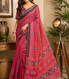 dark pink printed chanderi cotton ready to wear saree with unstitched blouse