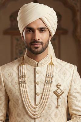   groom sherwani necklace moti mala layered for wedding | groom mala with brooch set 6