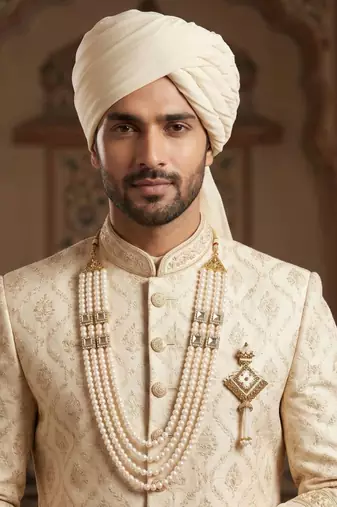   groom sherwani necklace moti mala layered for wedding | groom mala with brooch set
