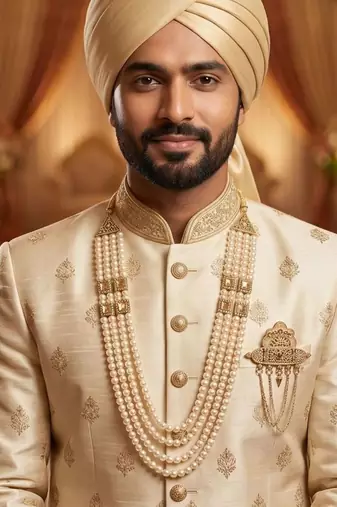   groom sherwani necklace moti mala layered for wedding | groom mala with brooch set