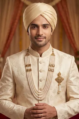   groom sherwani necklace moti mala layered for wedding | groom mala with brooch set