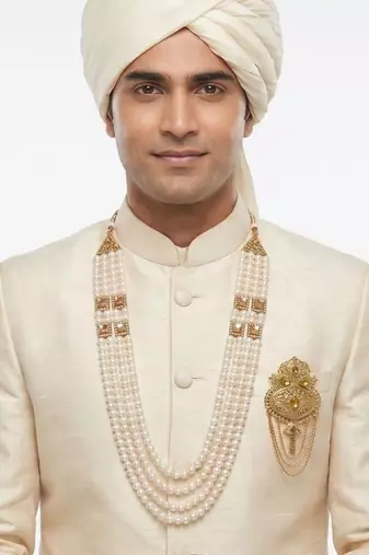   groom sherwani necklace moti mala layered for wedding | groom mala with brooch set