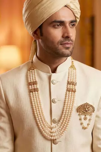   groom sherwani necklace moti mala layered for wedding | groom mala with brooch set