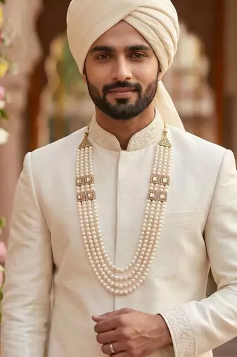   pearl beads dulha groom sherwani mala for   for wedding | layered mala | perfect for groom