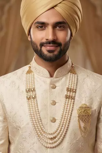   groom sherwani necklace moti mala layered for wedding | groom mala with brooch set