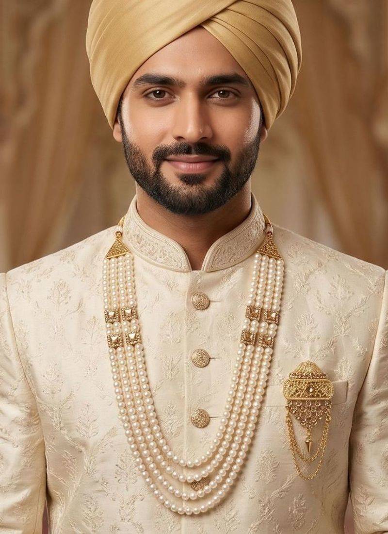   groom sherwani necklace moti mala layered for wedding | groom mala with brooch set