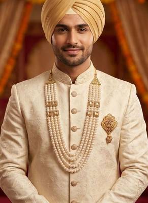   groom sherwani necklace moti mala layered for wedding | groom mala with brooch set 6