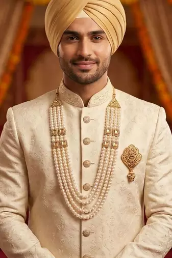   groom sherwani necklace moti mala layered for wedding | groom mala with brooch set