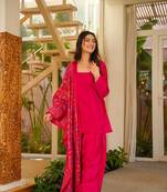 Women's Beautiful Solid Silk Crepe Fabric Straight Kurta Patiala and Dupatta Set