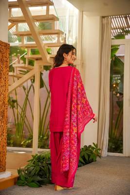 Women's Beautiful Solid Silk Crepe Fabric Straight Kurta Patiala and Dupatta Set 4