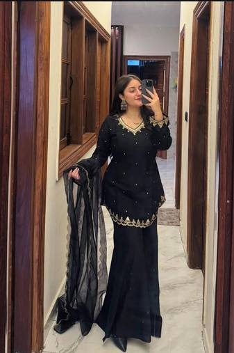 Women's Beautiful Embroidery Work Silk Crepe Fabric Straight Kurta Palazzo and Dupatta Set
