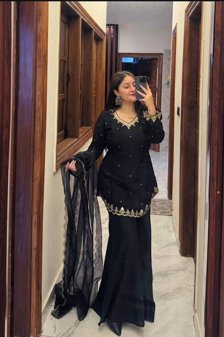 Women's Beautiful Embroidery Work Silk Crepe Fabric Straight Kurta Palazzo and Dupatta Set