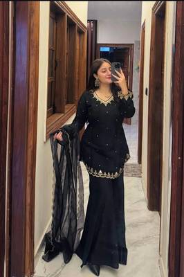 Women's Beautiful Embroidery Work Silk Crepe Fabric Straight Kurta Palazzo and Dupatta Set 1