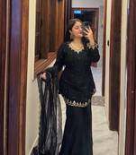 Women's Beautiful Embroidery Work Silk Crepe Fabric Straight Kurta Palazzo and Dupatta Set