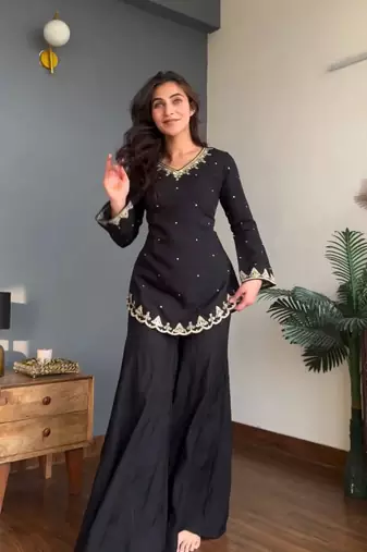 Women's Beautiful Embroidery Work Silk Crepe Fabric Straight Kurta Palazzo and Dupatta Set