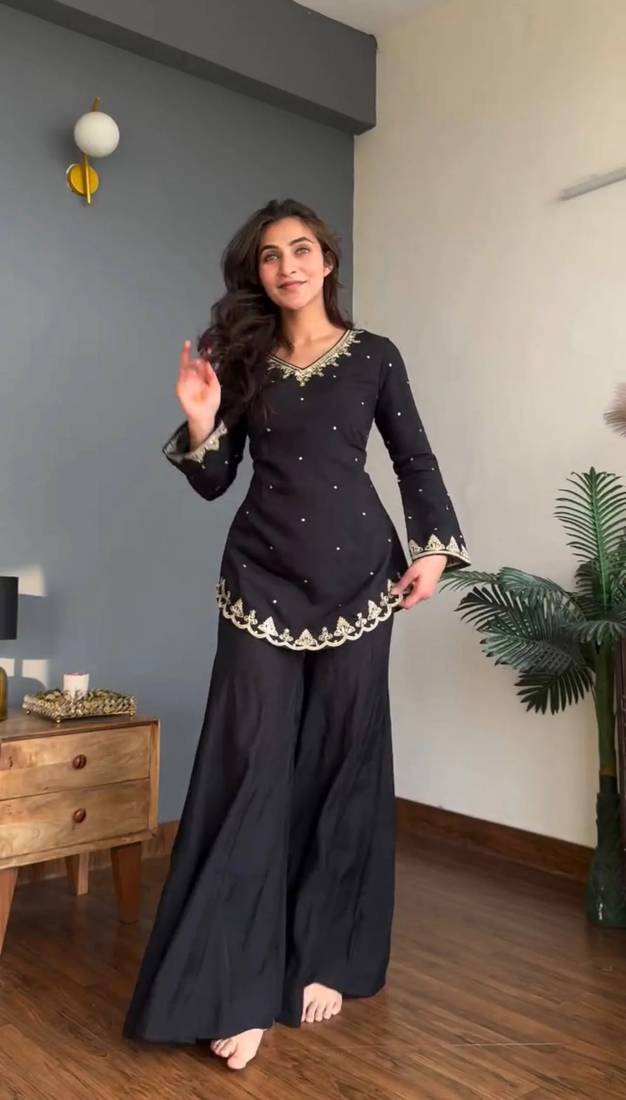 Women's Beautiful Embroidery Work Silk Crepe Fabric Straight Kurta Palazzo and Dupatta Set