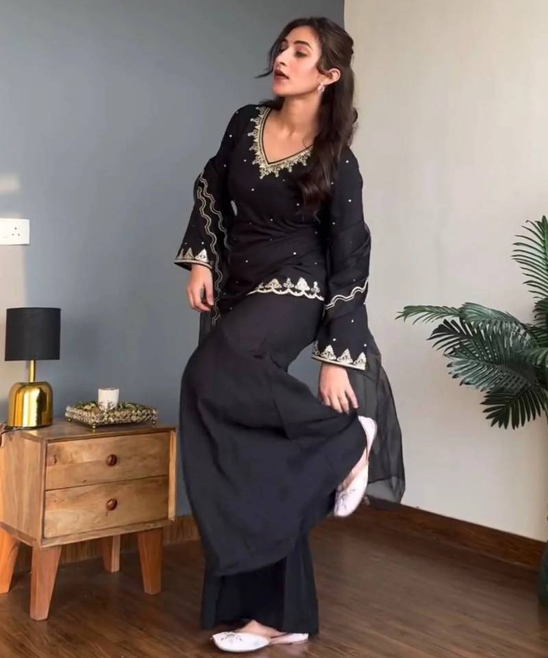 Women's Beautiful Embroidery Work Silk Crepe Fabric Straight Kurta Palazzo and Dupatta Set