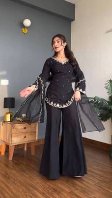 Women's Beautiful Embroidery Work Silk Crepe Fabric Straight Kurta Palazzo and Dupatta Set 5