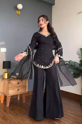 Women's Beautiful Embroidery Work Silk Crepe Fabric Straight Kurta Palazzo and Dupatta Set