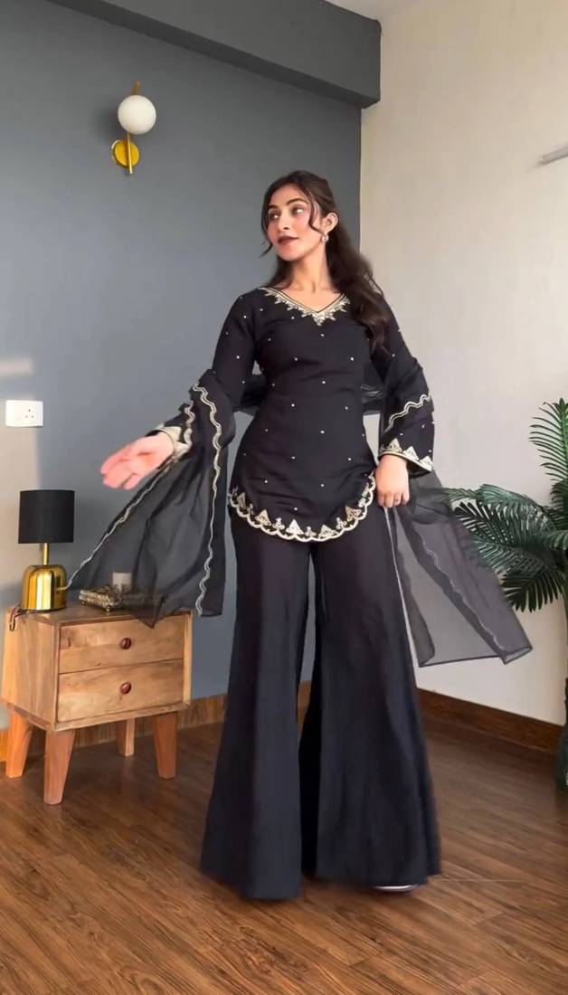 Women's Beautiful Embroidery Work Silk Crepe Fabric Straight Kurta Palazzo and Dupatta Set